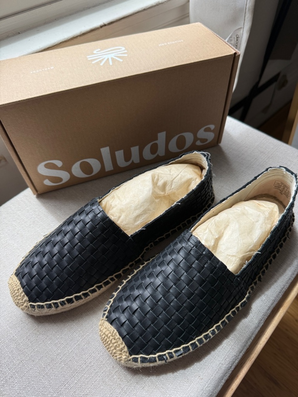 Soludos Black Woven Leather Espadrille Slip-On